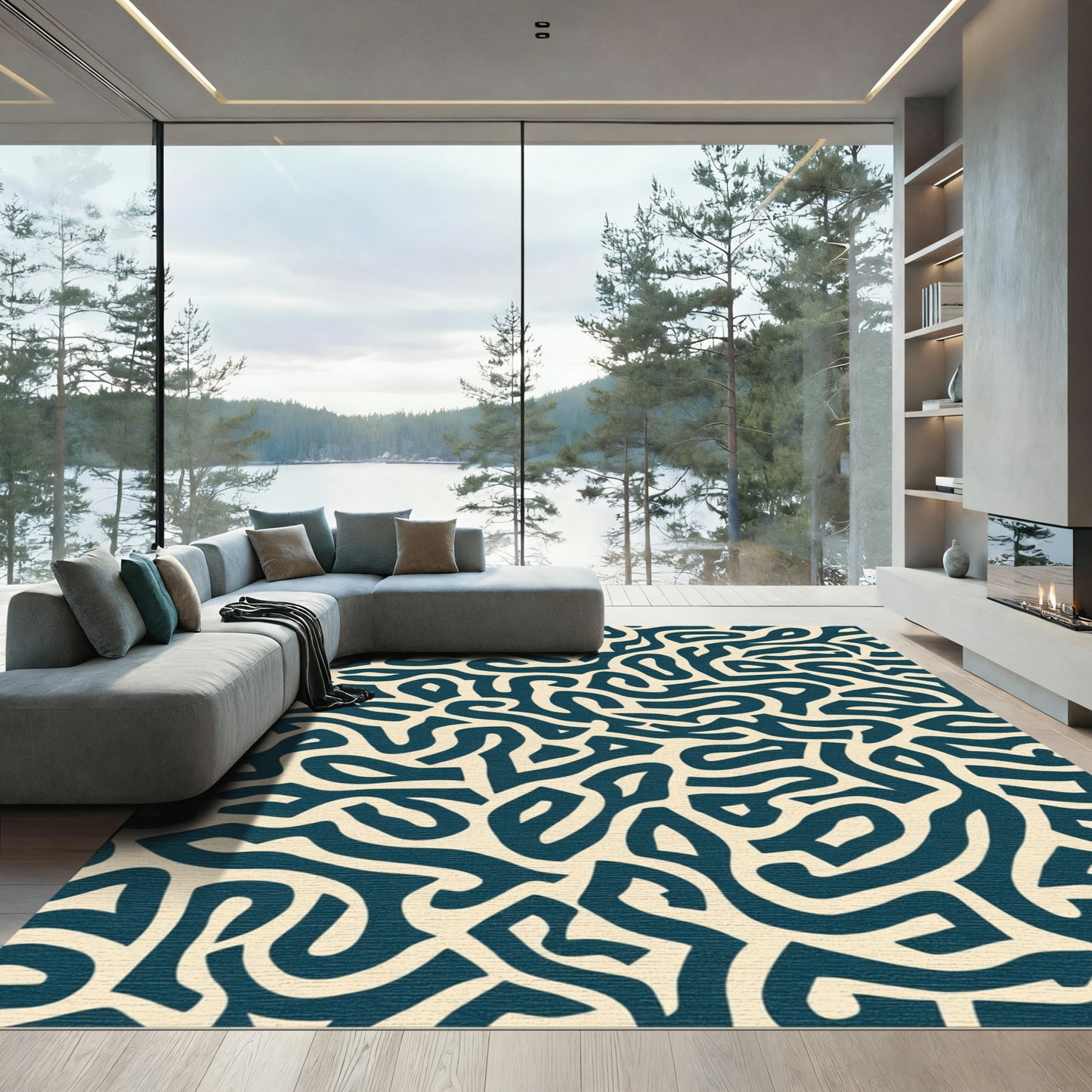 Cream Navy Abstract Organic Maze Rug