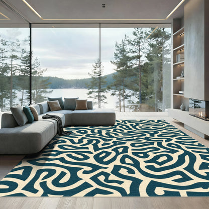 Cream Navy Abstract Organic Maze Rug