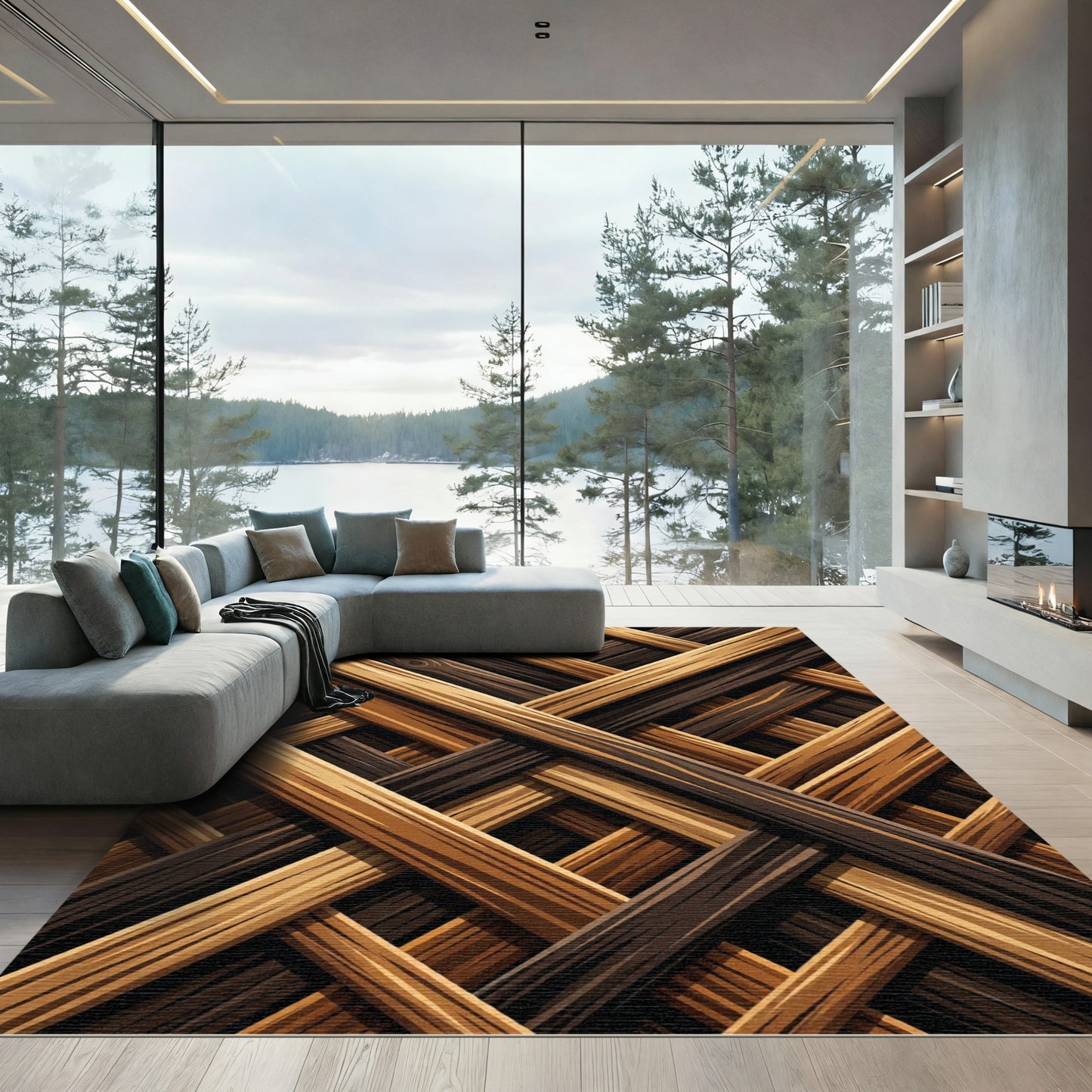 Interwoven Wood Texture Lattice Rug