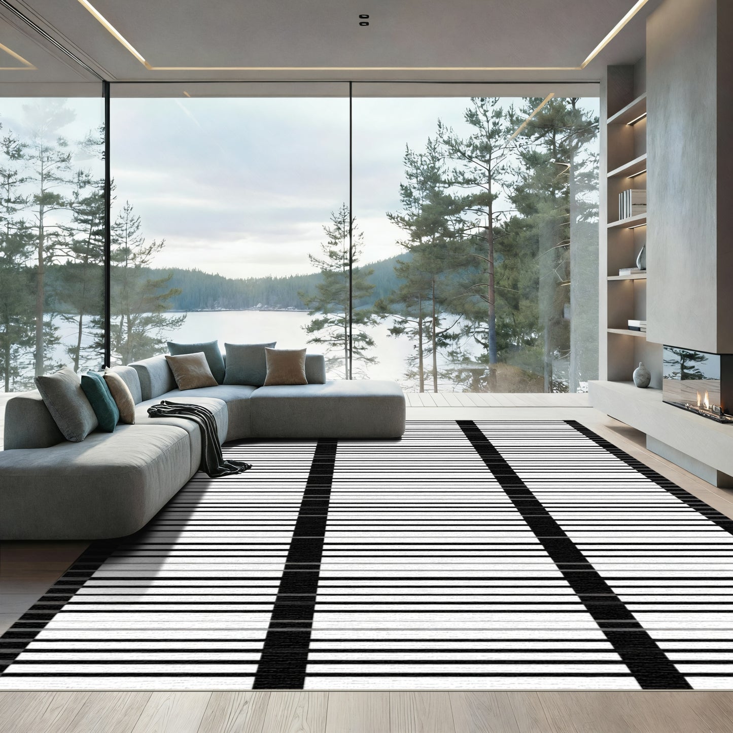 Monochrome Horizontal Stripe Grid Rug