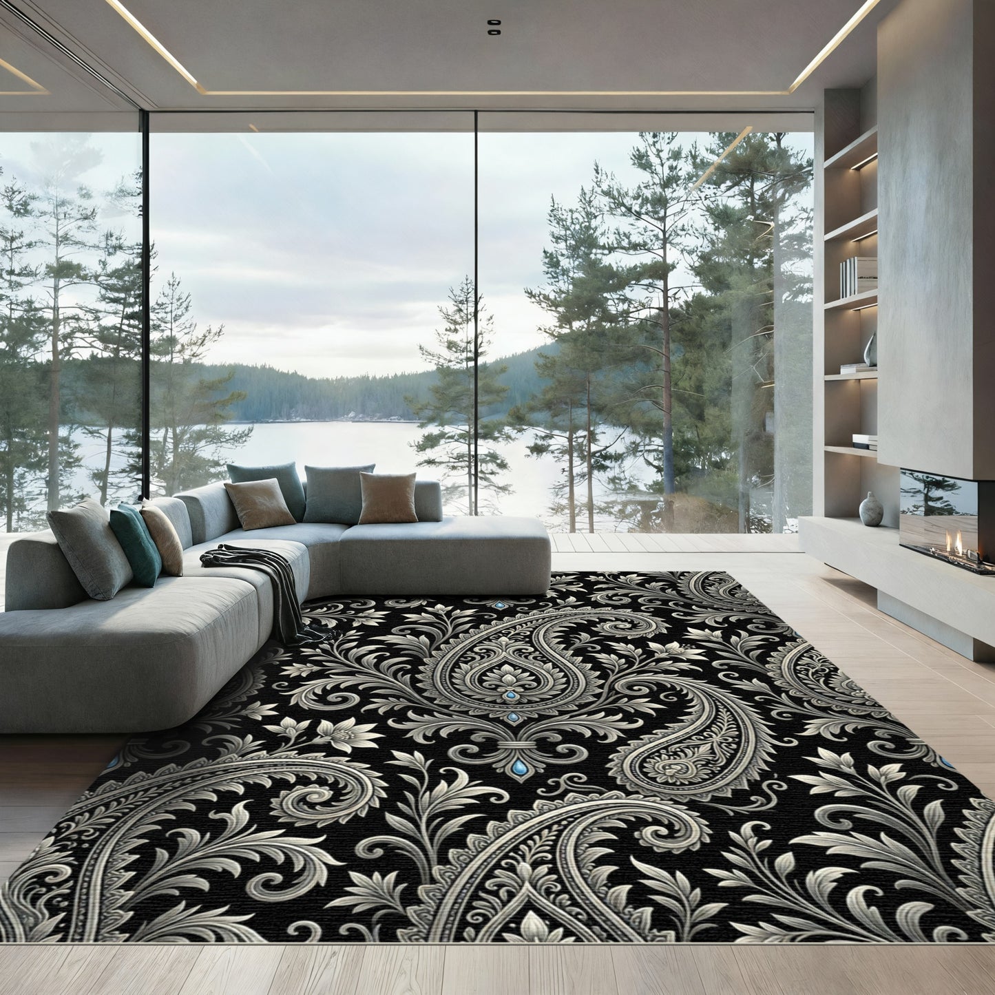 Ornate Gray Paisley Floral Garden Rug