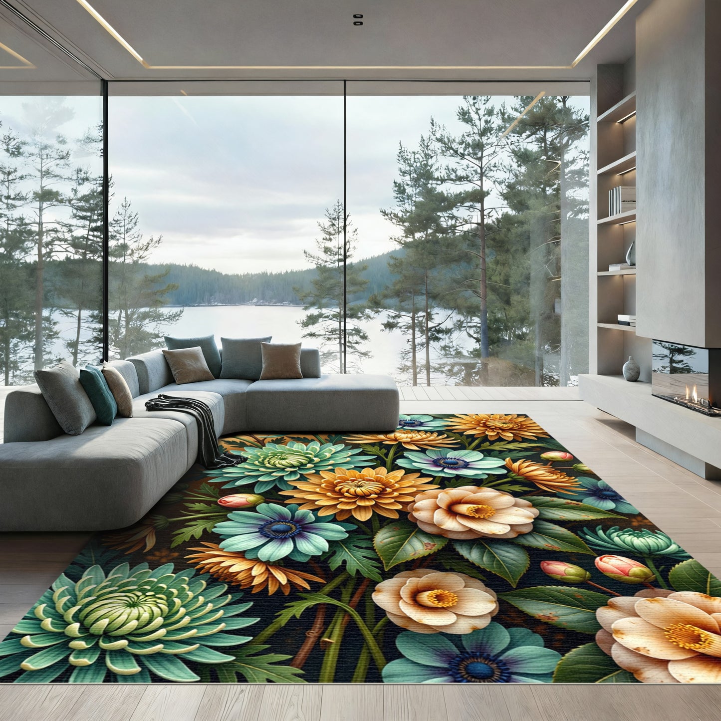 Golden Yellow and Jade Floral Bouquet Rug