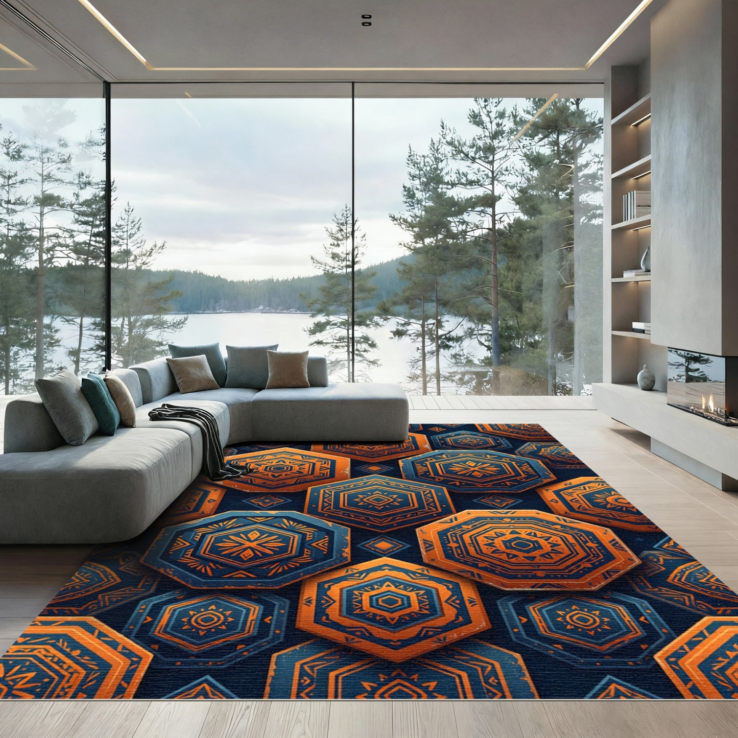 Geometric Cobalt and Burnt Orange Hexagon Rug