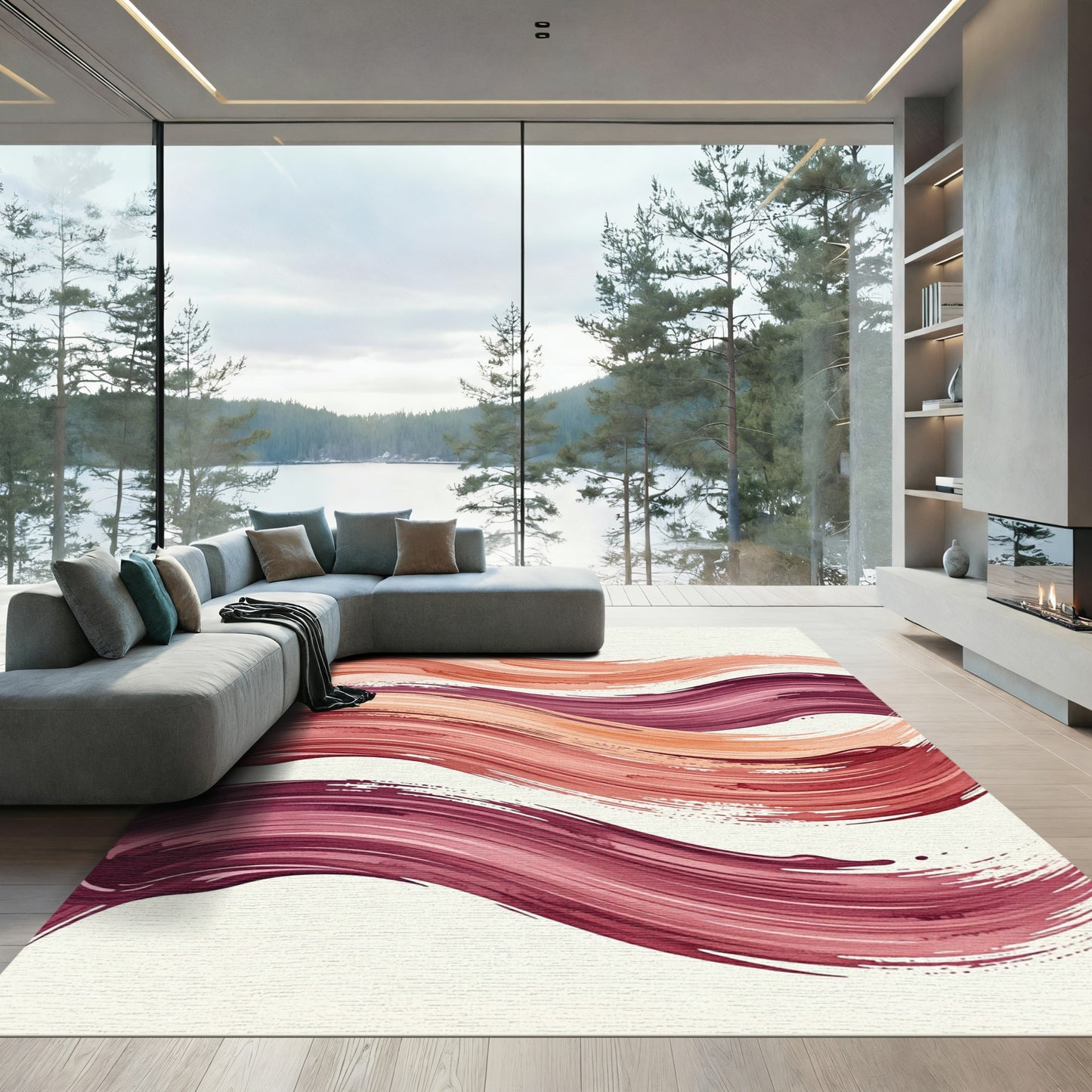 Abstract Terracotta and Burgundy Wave Rug