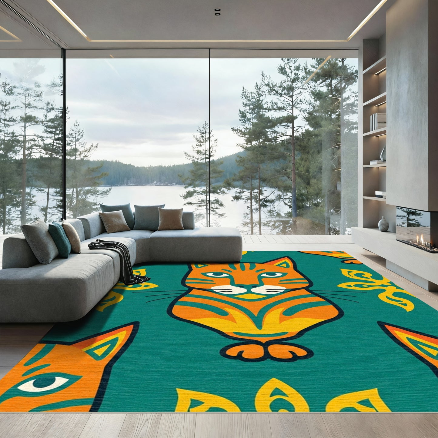 Orange Teal Whimsical Cat Medallion Rug