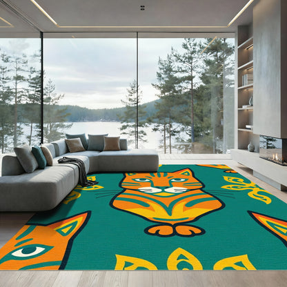 Orange Teal Whimsical Cat Medallion Rug