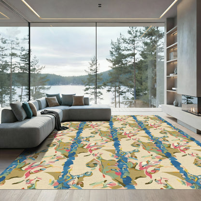 Abstract Vertical Cream Blue Floral Flow Rug