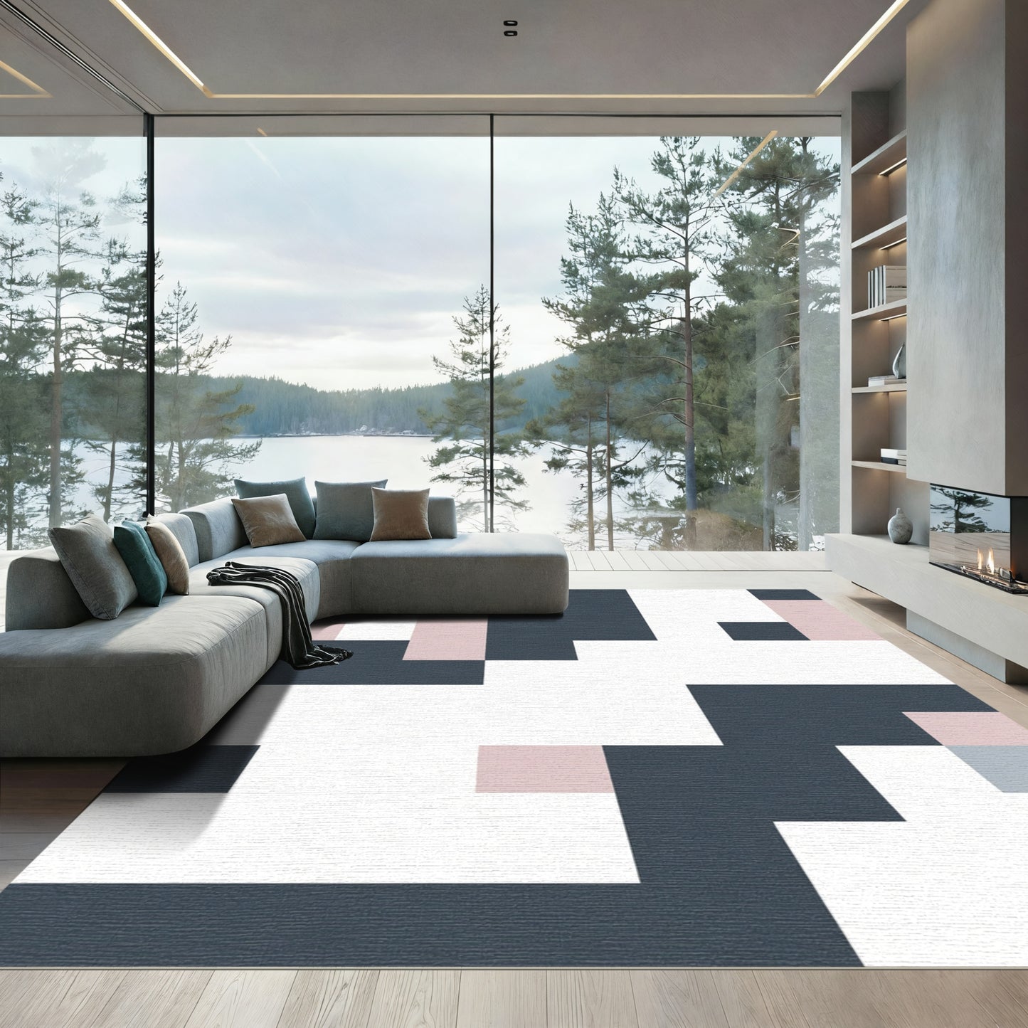 Modern Slate Pink Geometric Blocks Rug