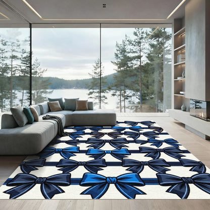 Navy Blue Satin Ribbon Bow Grid Rug