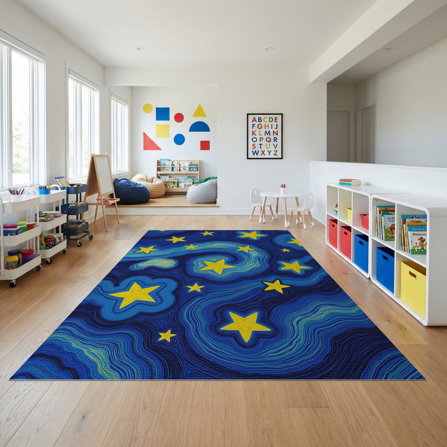 Swirling Yellow Stars Deep Blue Rug