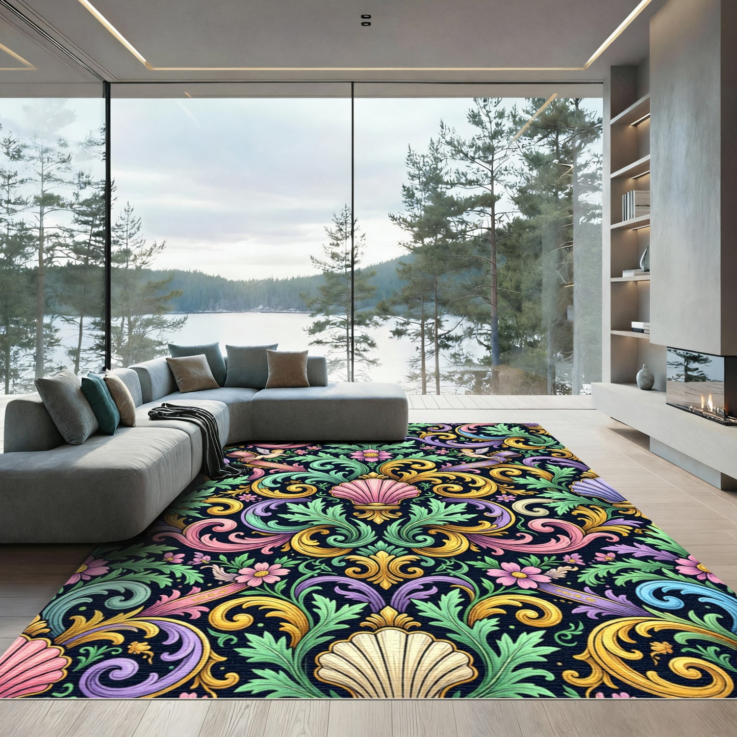 Ornate Pastel Baroque Shell Scroll Rug