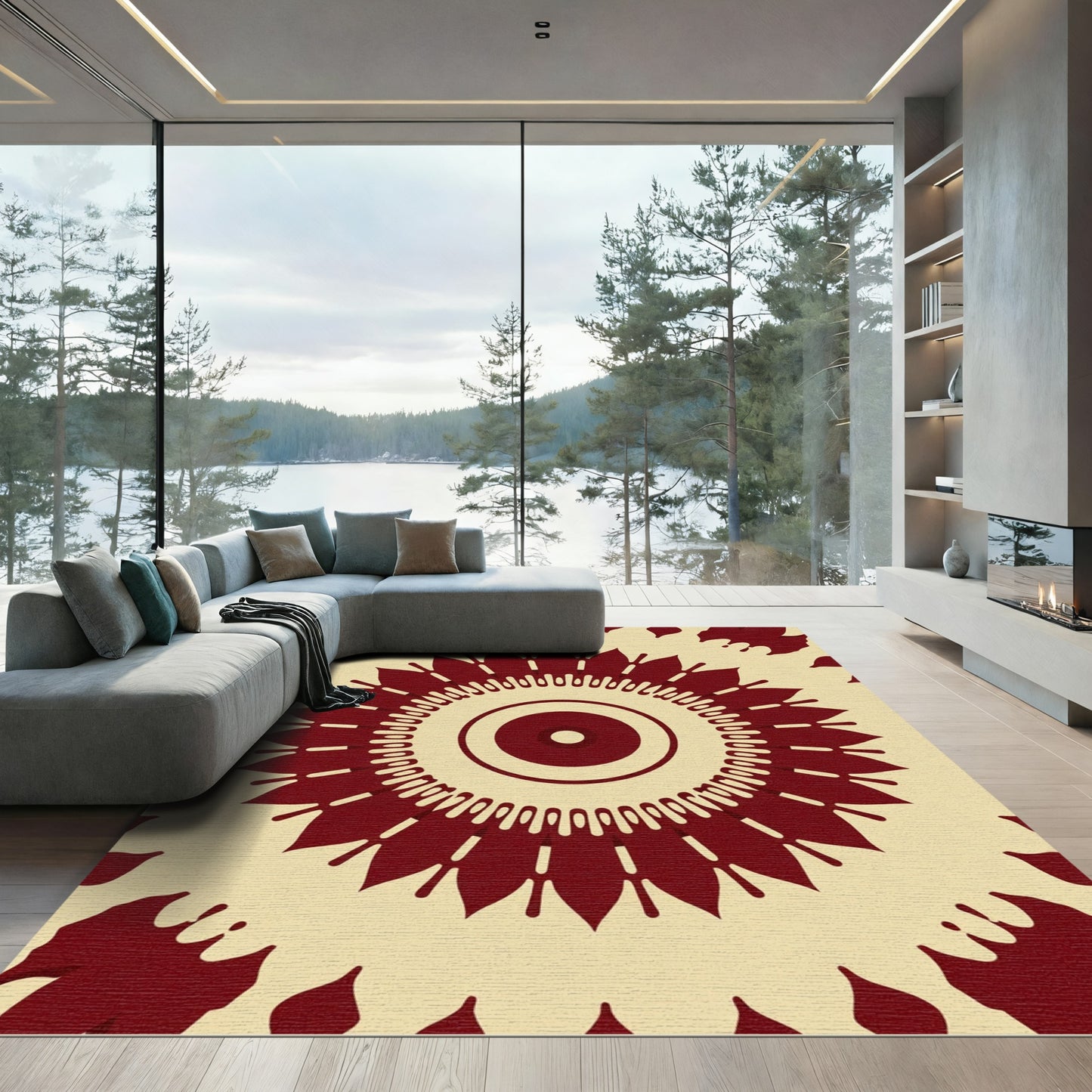 Deep Red Sunburst Mandala Rug