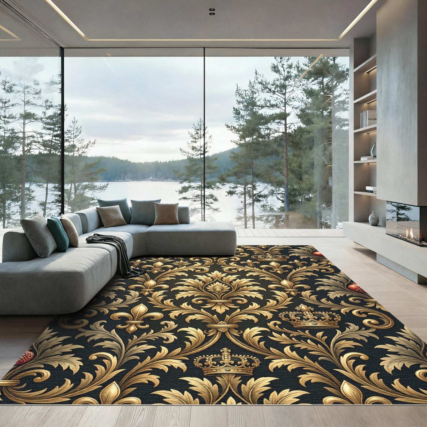 Royal Gold Fleur-de-lis Black Damask Rug