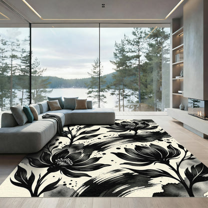 Elegant Black Blossom Ink Splatter Rug