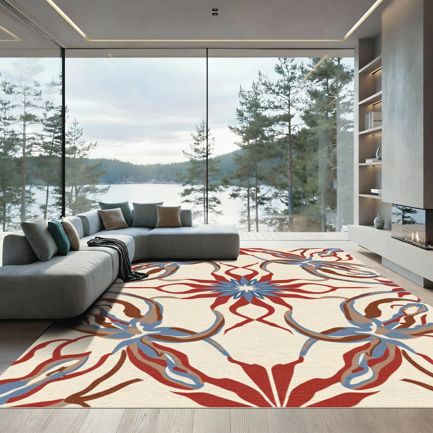 Red Blue Abstract Floral Scroll Rug