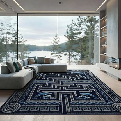 Azure Dolphin Maze Ancient Geometric Rug