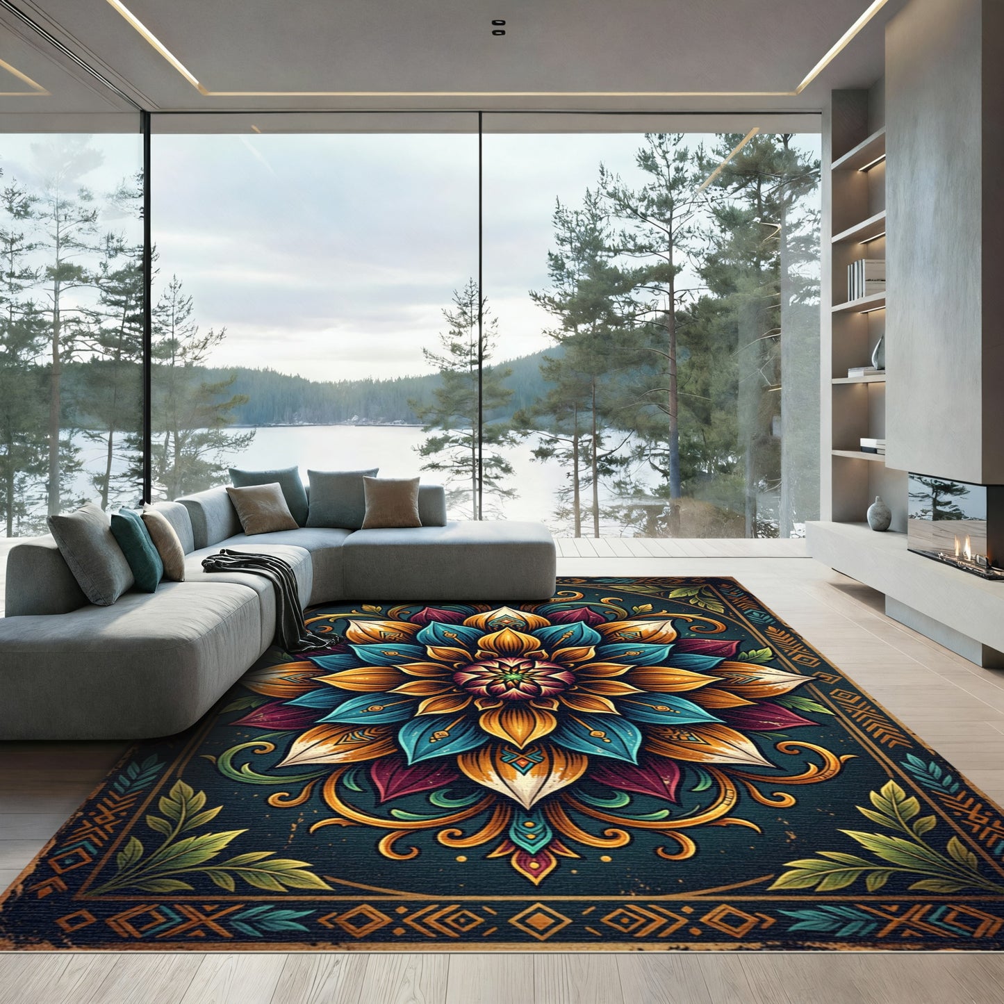 Vibrant Teal Golden Floral Mandala Rug