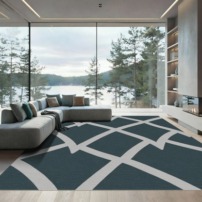 Dark Teal Gray Geometric Lattice Rug
