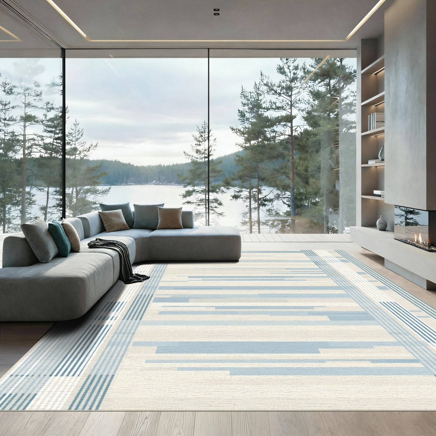 Soft Blue Horizontal Stripe Border Rug