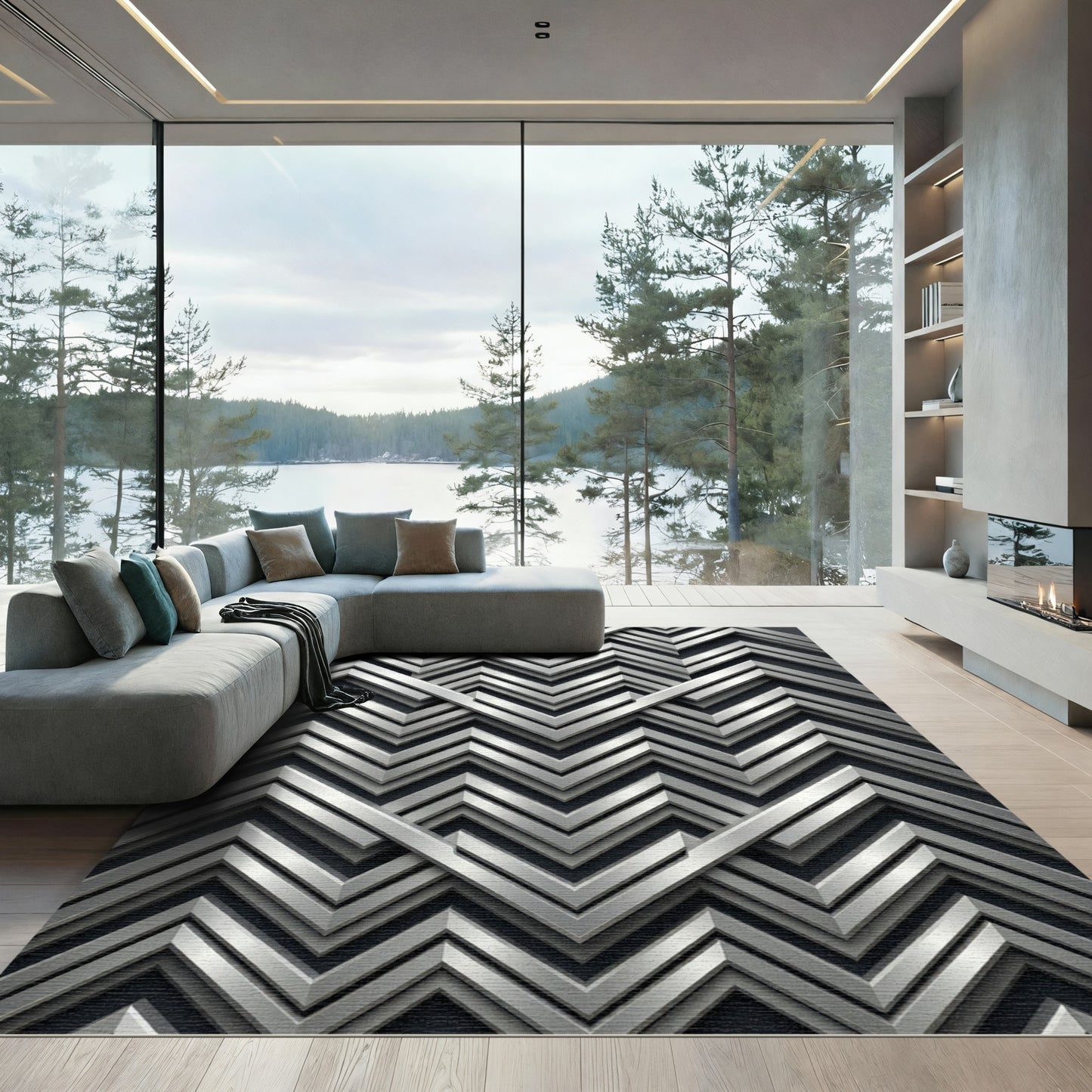Sophisticated Metallic Silver Angular Chevron Rug