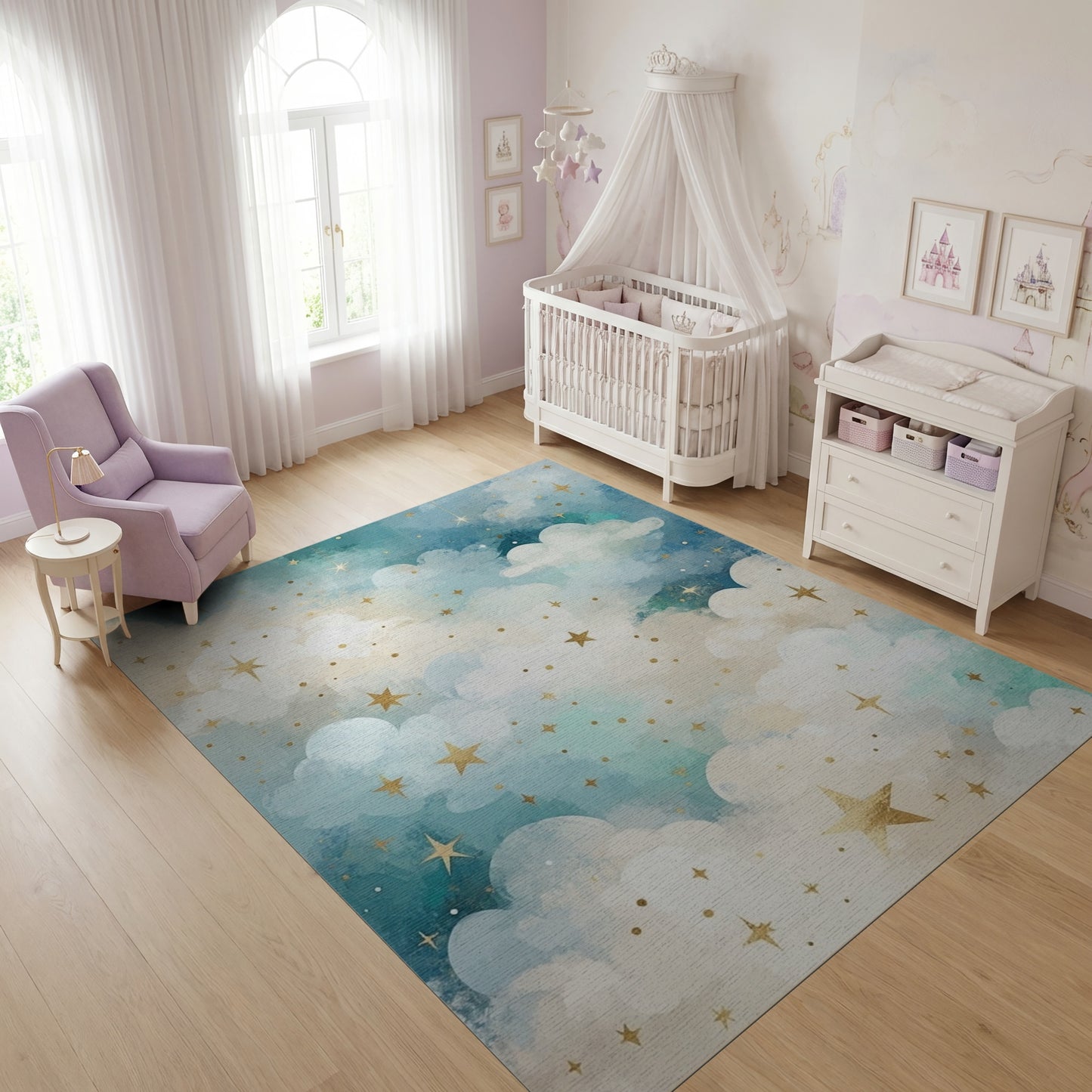 Dreamy Teal Clouds Golden Stars Rug