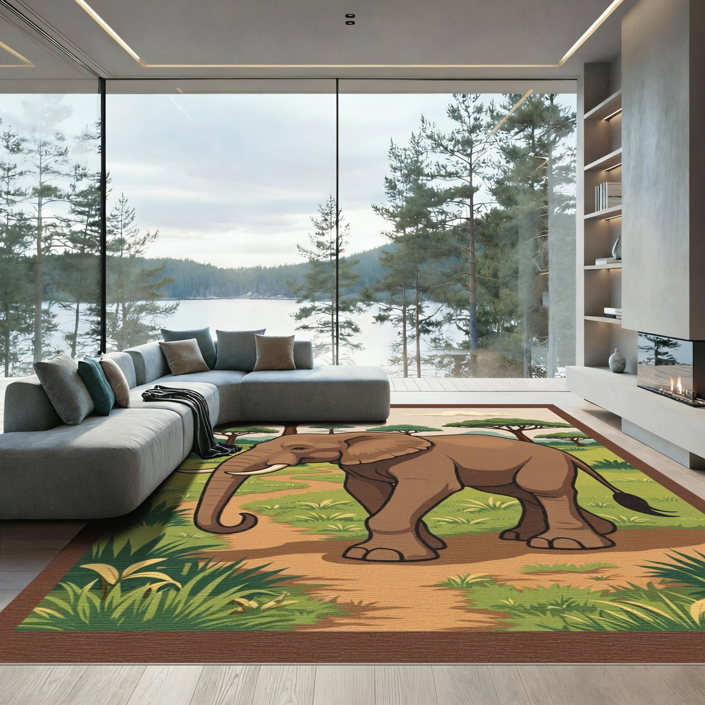 Brown Elephant Walking African Savannah Pathway Rug