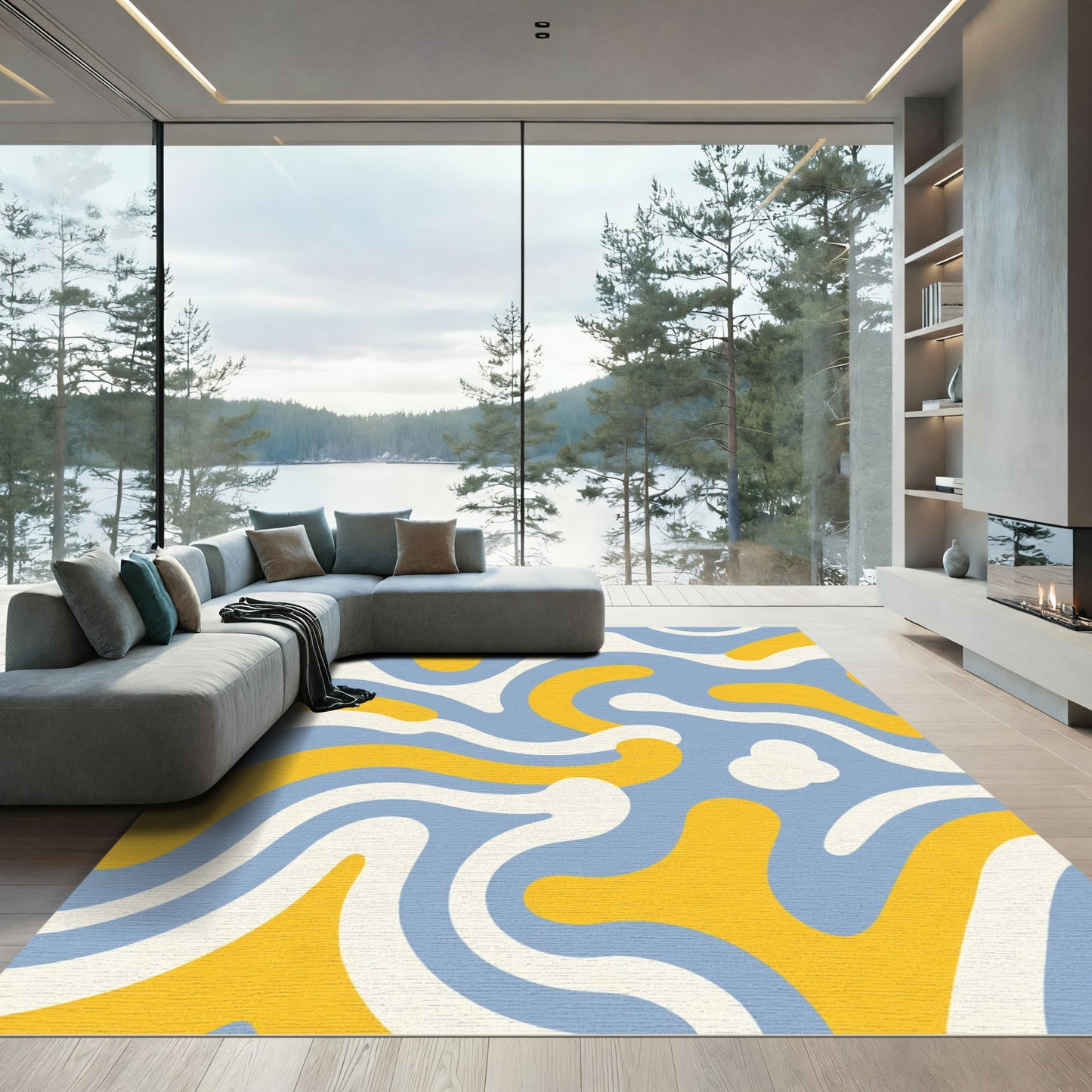 Retro Swirl Blue Yellow Cream Rug