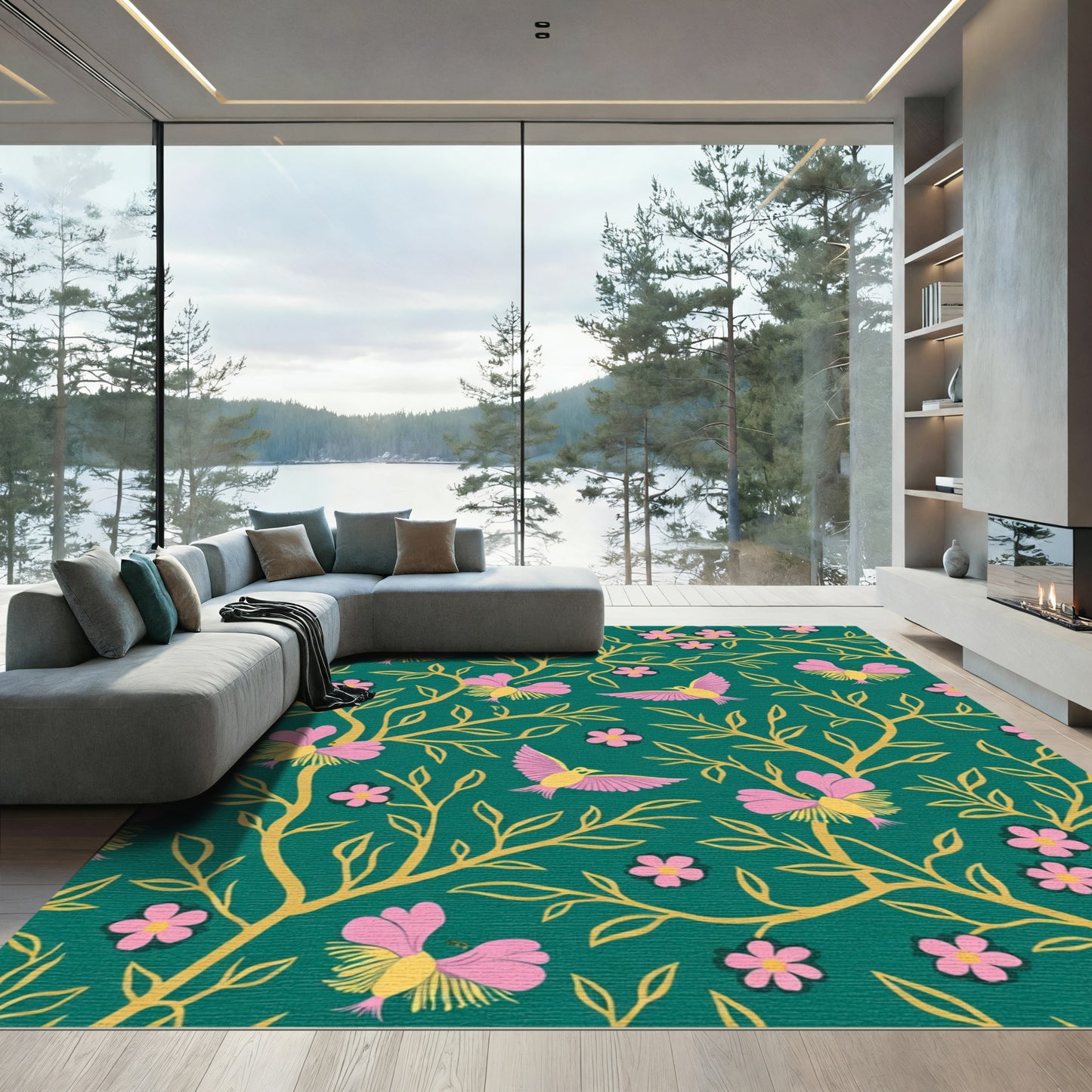 Pink Bird Blossom Vine Emerald Rug