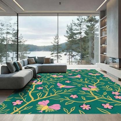 Pink Bird Blossom Vine Emerald Rug