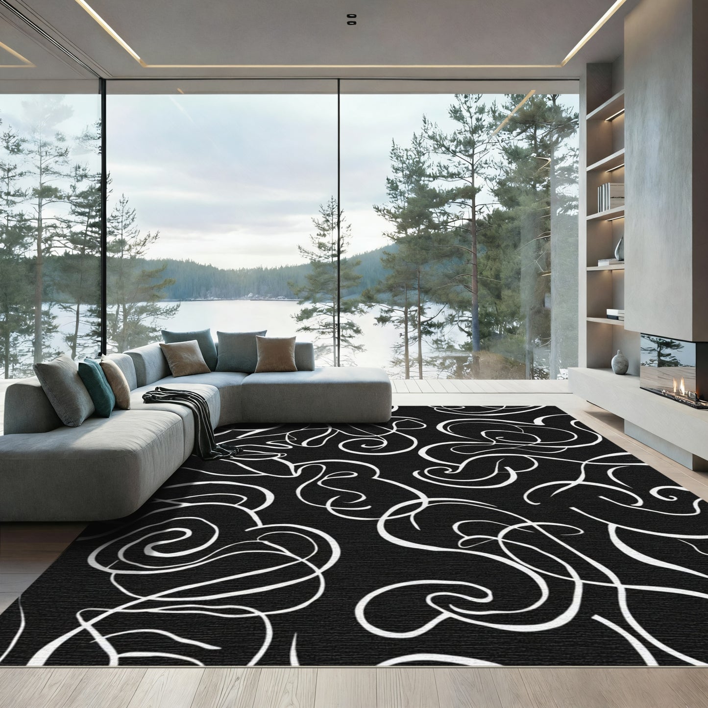 Black White Abstract Swirl Line Rug