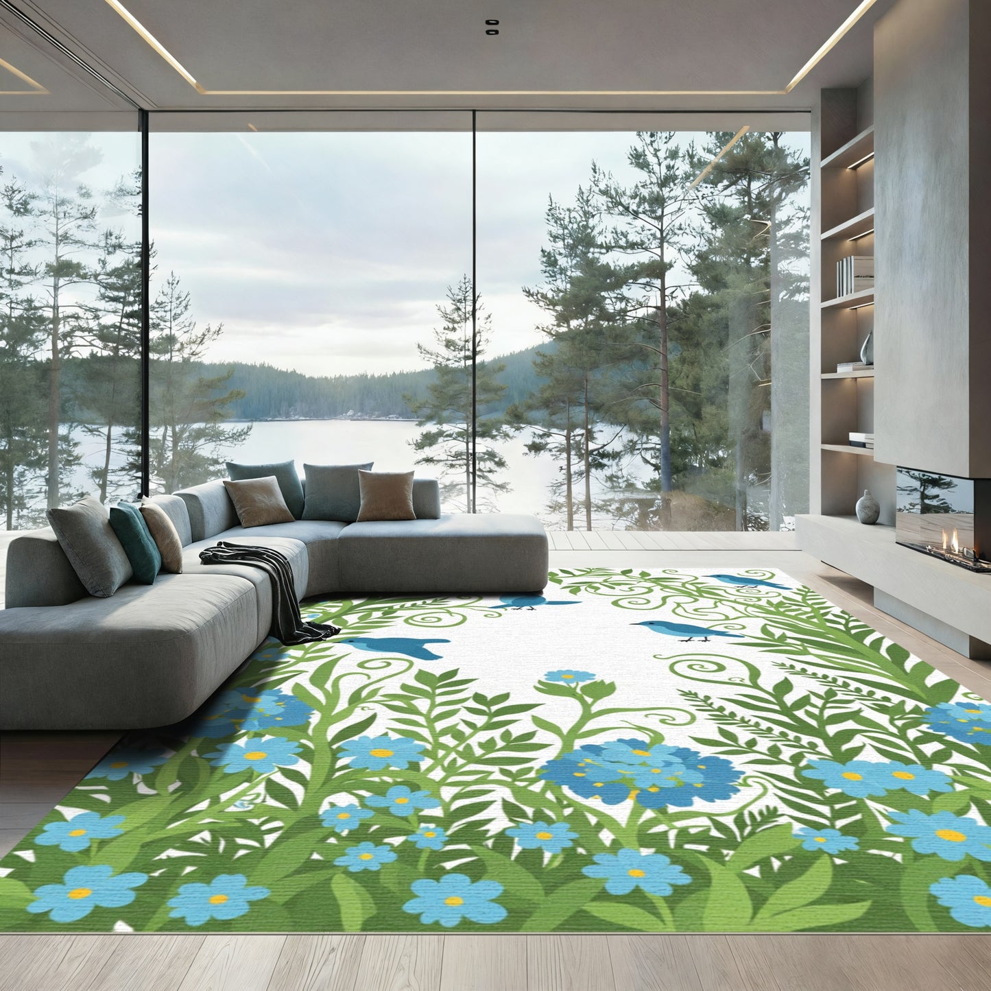 Bluebirds In Lush Greenery And Blue Flowers Rug