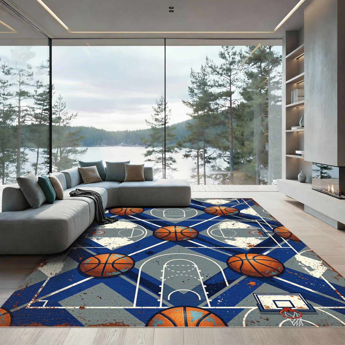 Basketball Court Blue Geometric Sport Rug