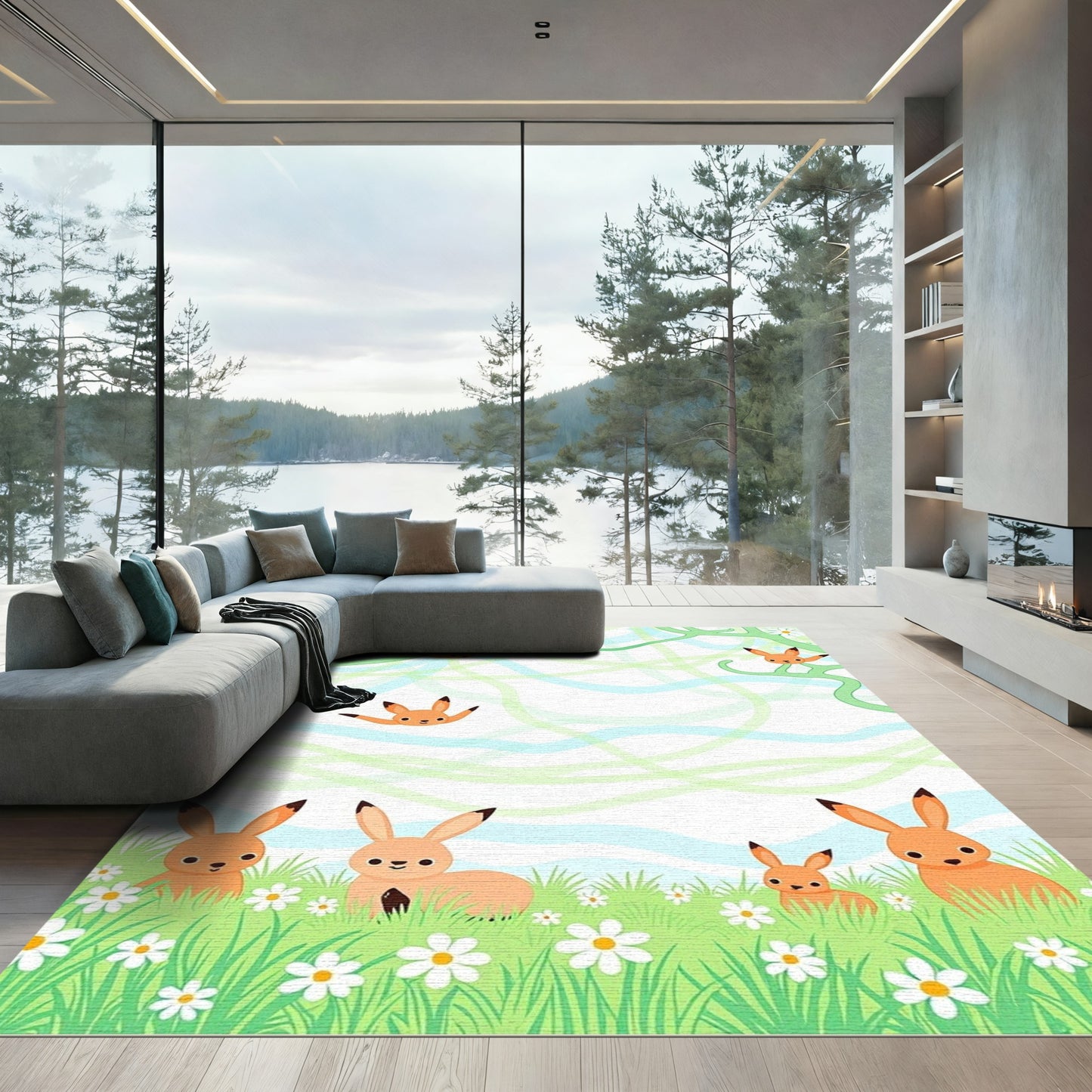 Whimsical Orange Bunny Spring Meadow Rug