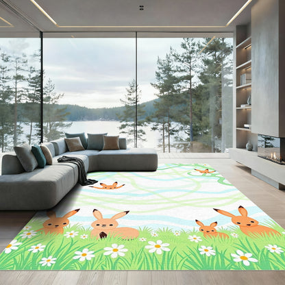 Whimsical Orange Bunny Spring Meadow Rug