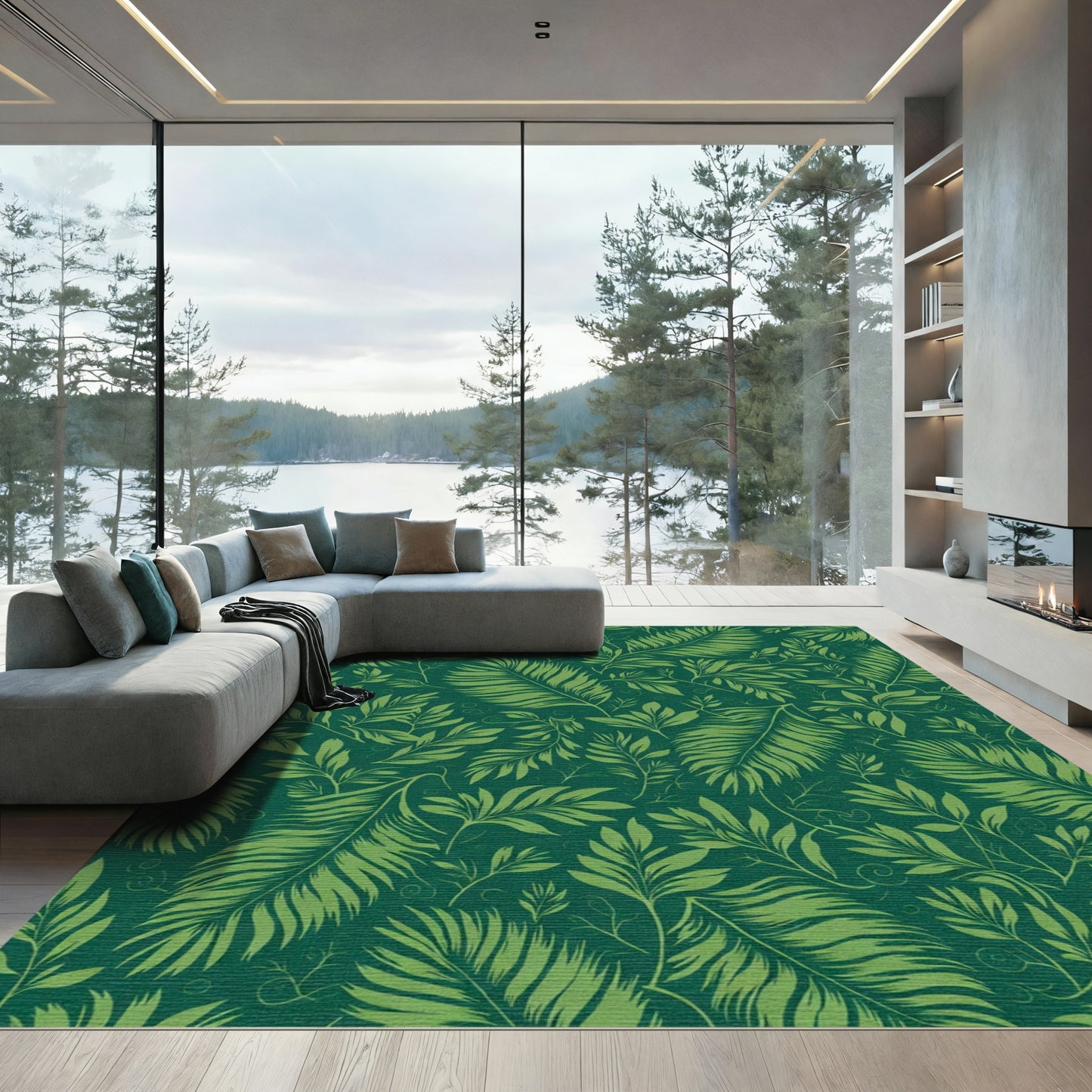 Vibrant Green Leafy Botanical Cover Rug