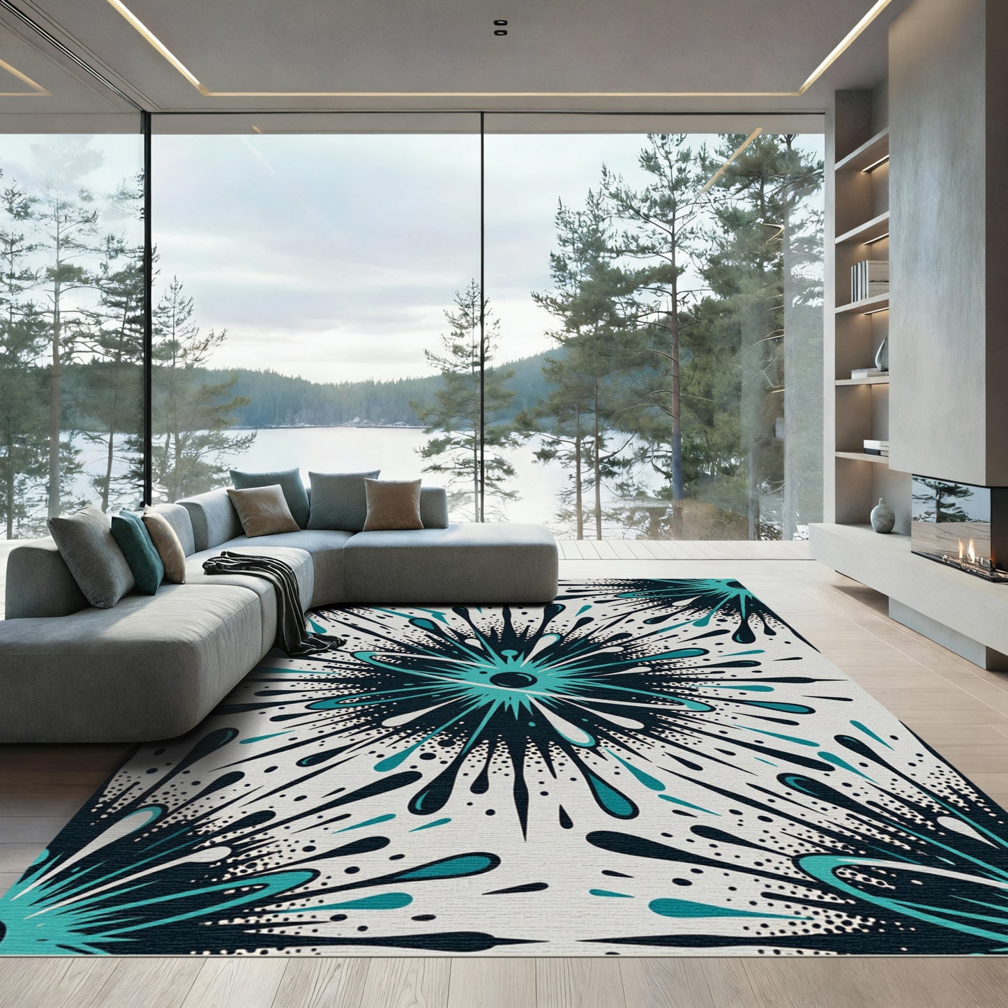 Teal Burst Starburst Radiating Splatter Rug