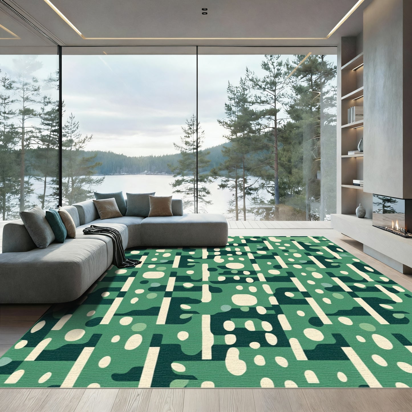 Green And Cream Abstract Shapes Rug