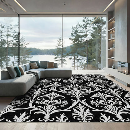 Classic Black White Floral Damask Rug