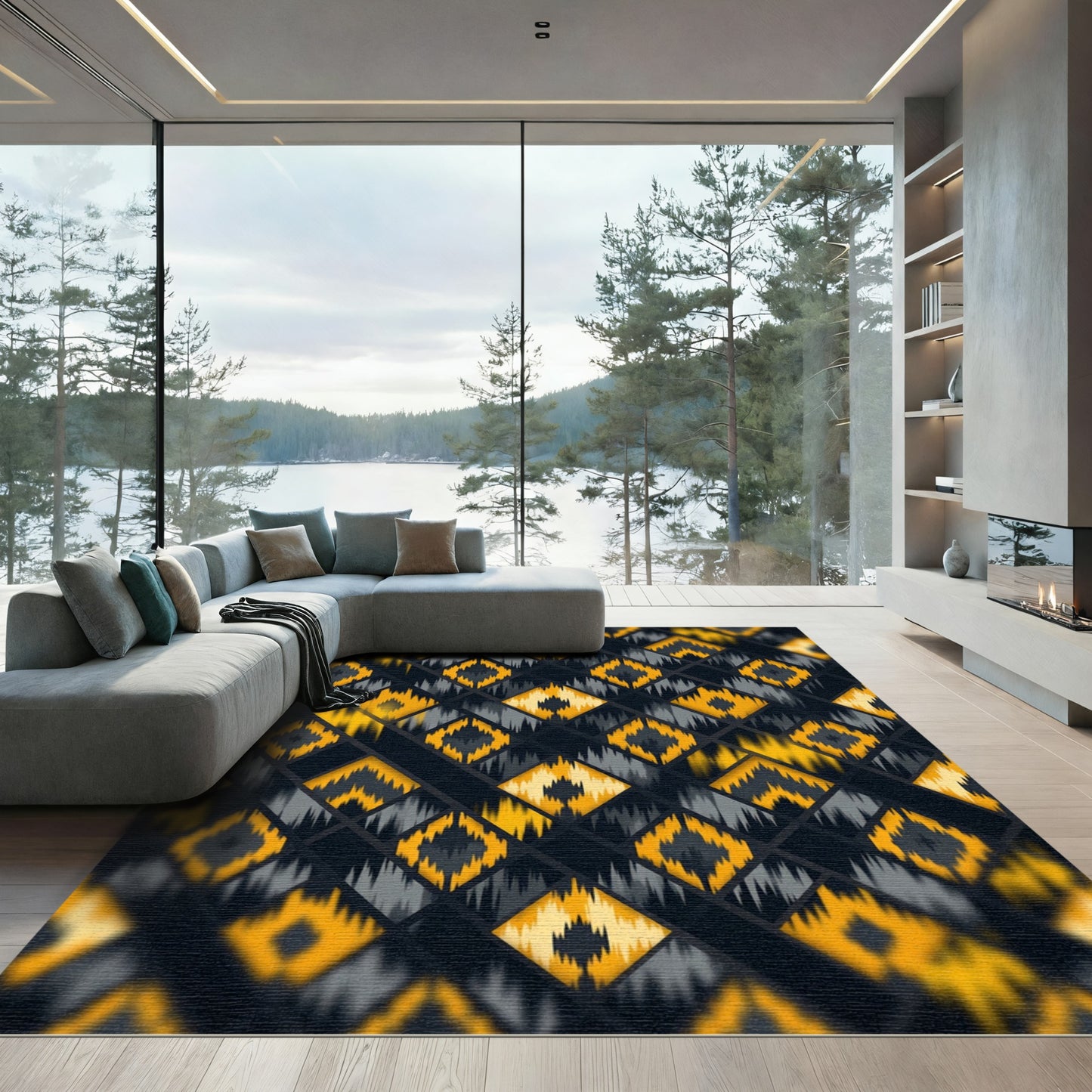 Black Geometric Yellow Diamond Inlay Rug