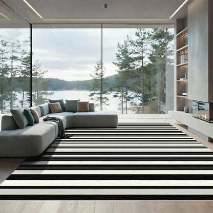 Modern Cream Black Wide Stripe Rug