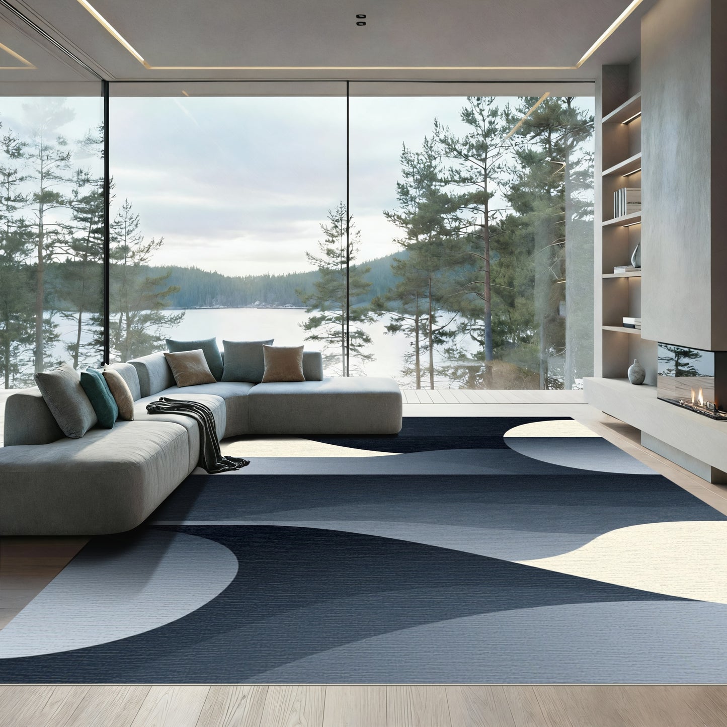 Modern Dark Blue Abstract Wave Rug