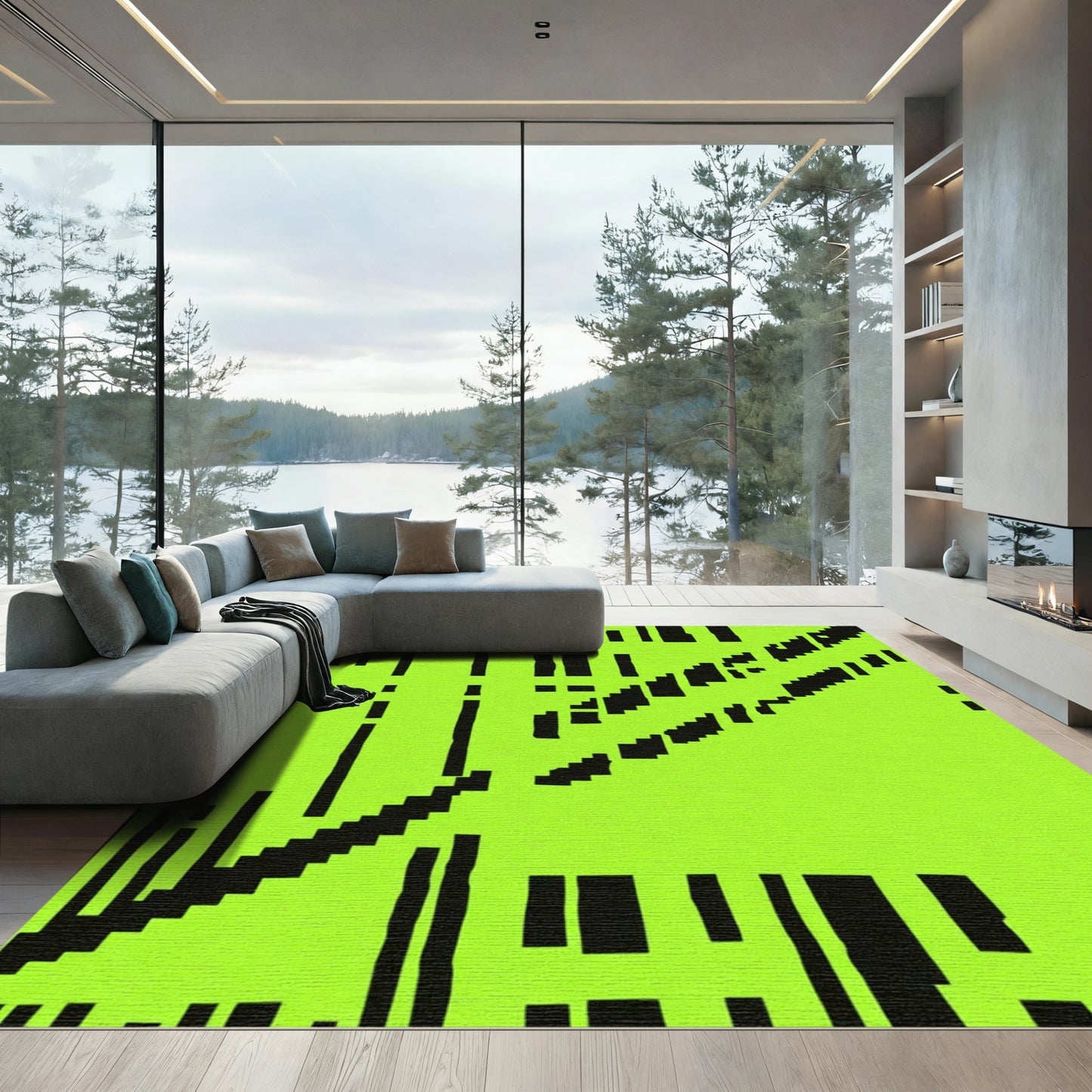 Bright Yellow Black Jagged Stripe Rug