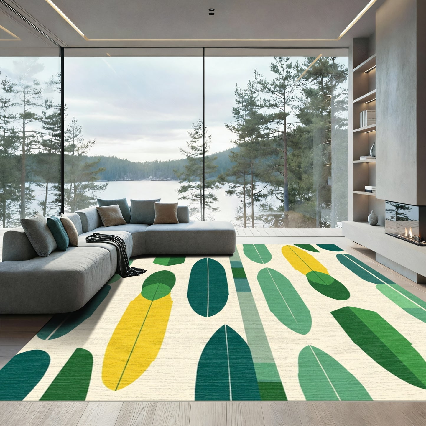 Geometric Green Leaf Mid Century Modern Rug