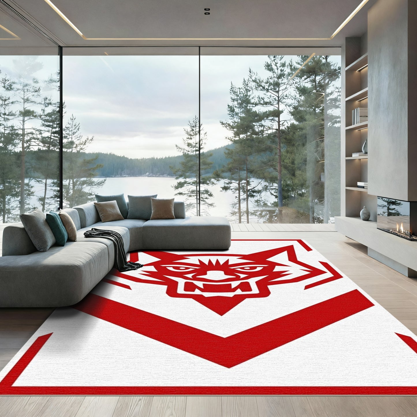 Bold Red Fierce Wolf Head Rug