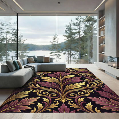 Gilded Damask Burgundy Gold Leaf Tapestry Rug