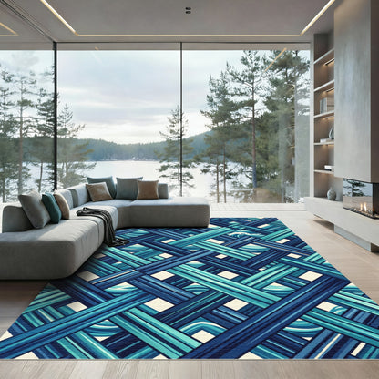 Geometric Blue Woven Tidal Wave Rug