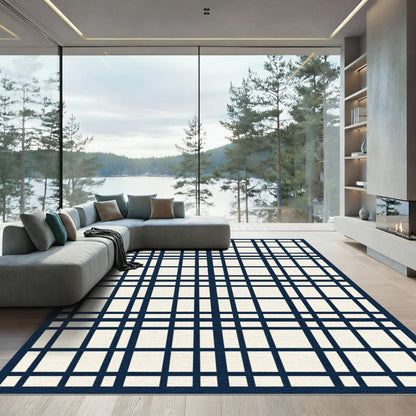 Modern Navy and Cream Plaid Grid Rug