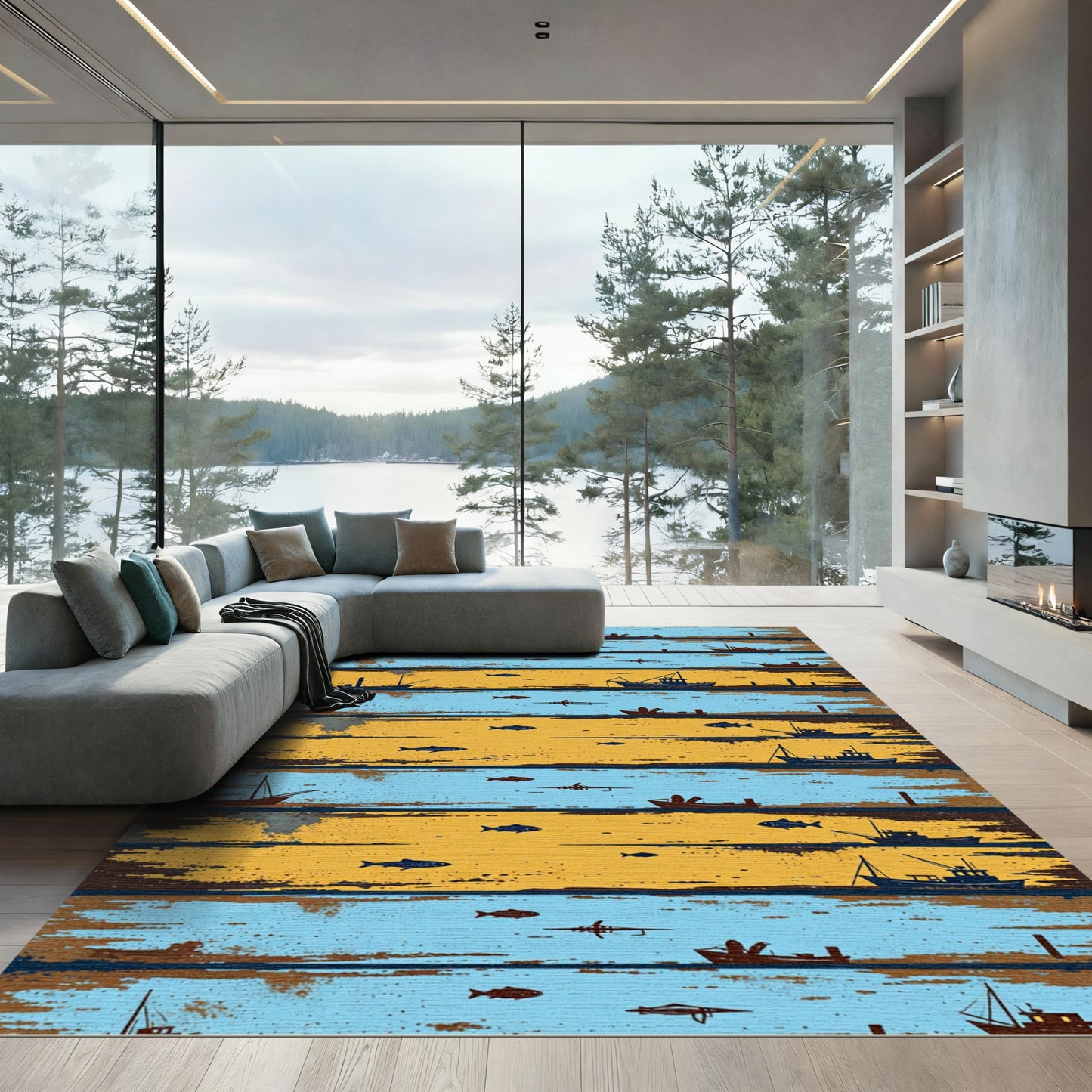 Nautical Maritime Blue and Gold Stripe Rug
