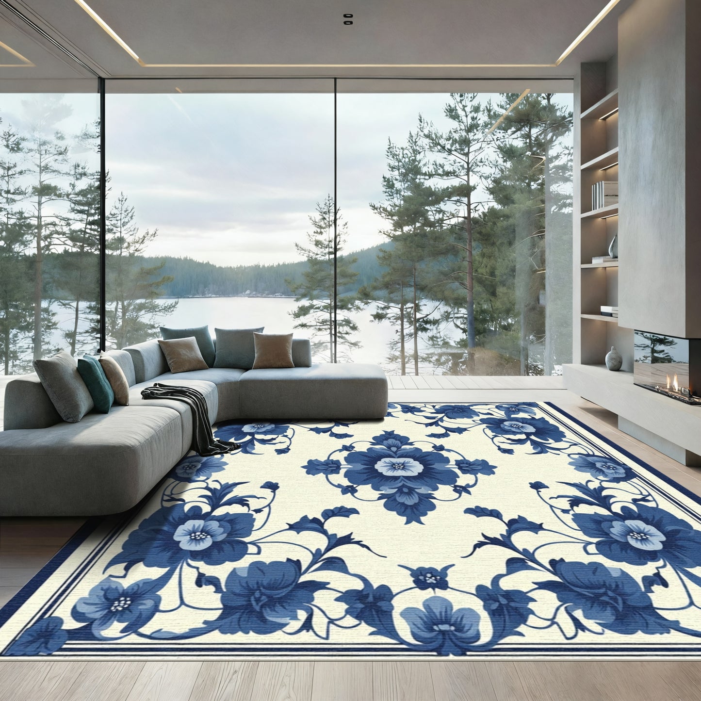 Elegant Blue Floral Scroll Meadow Rug