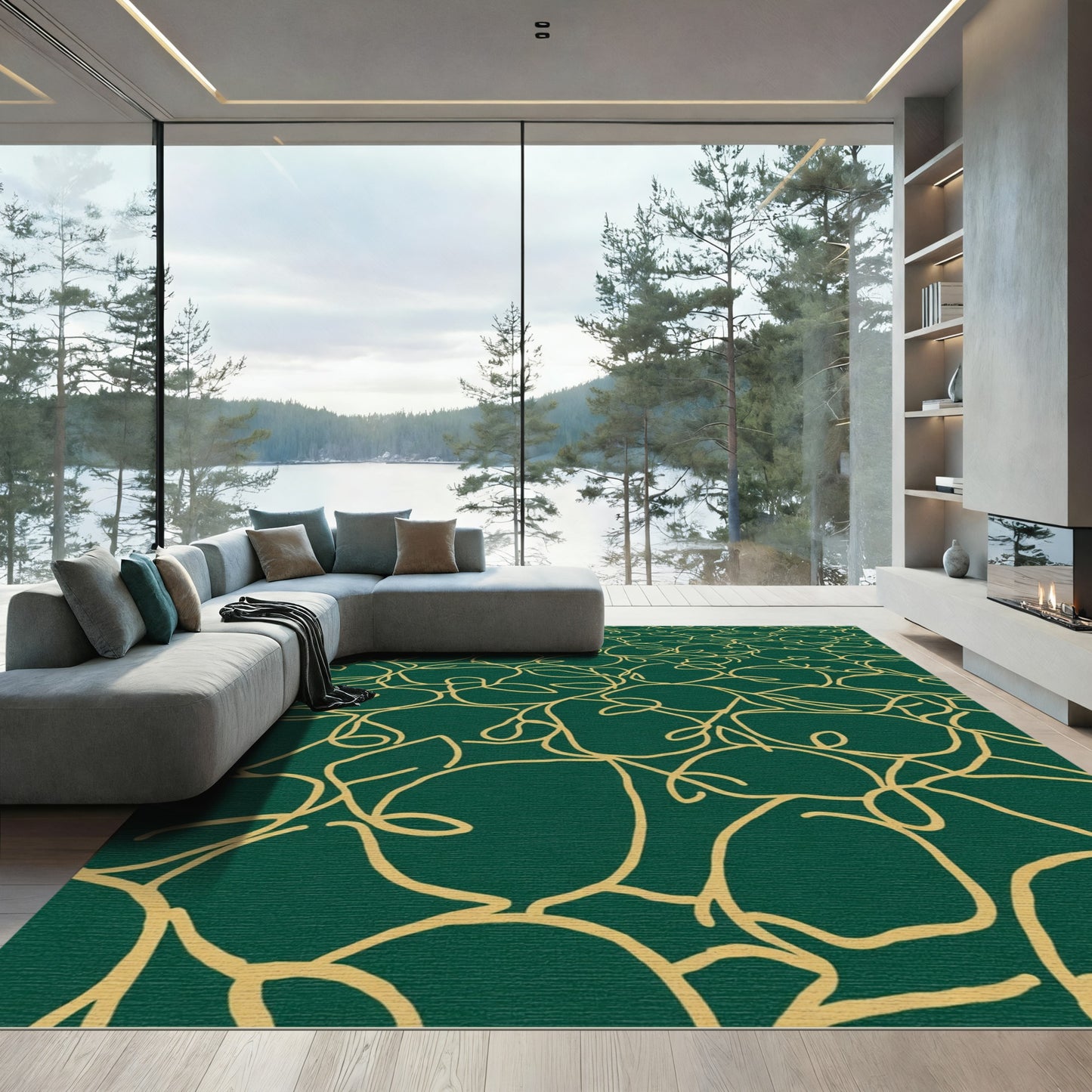 Emerald Green Gold Vine Scroll Rug